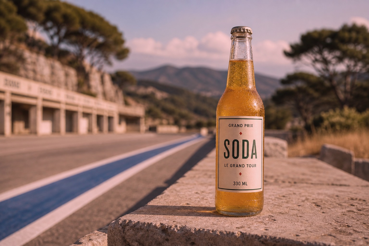 Grand Prix Soda Le Grand Tour bottle at a Provence pit lane